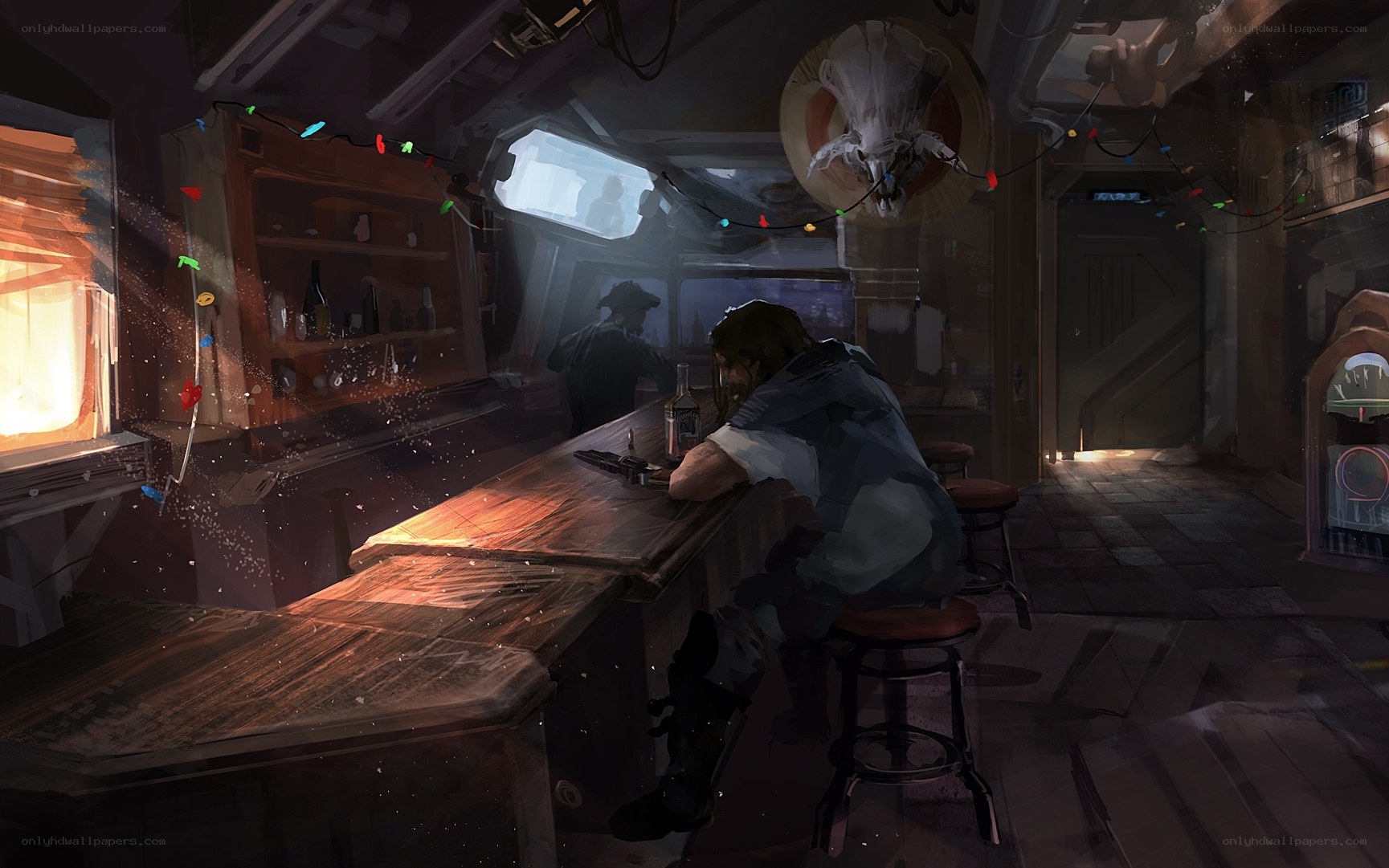 solo drinker in a dim bar