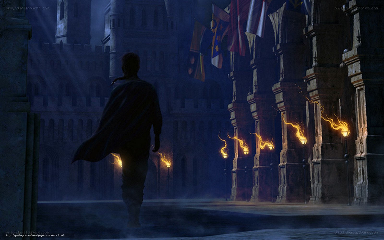 solo figure in castle courtyard