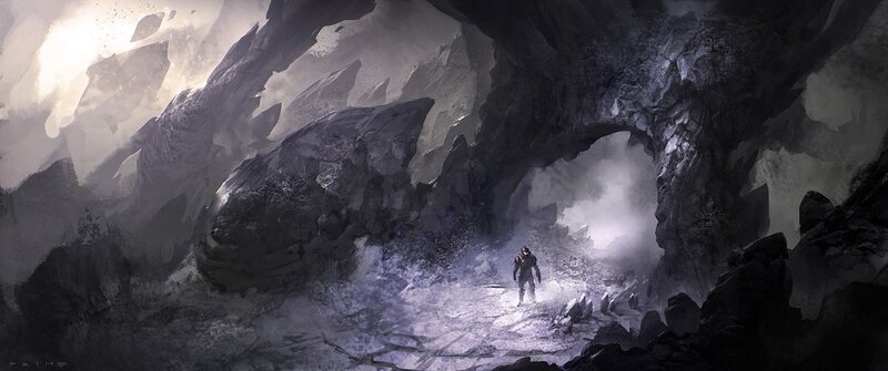 solo figure in dark cave