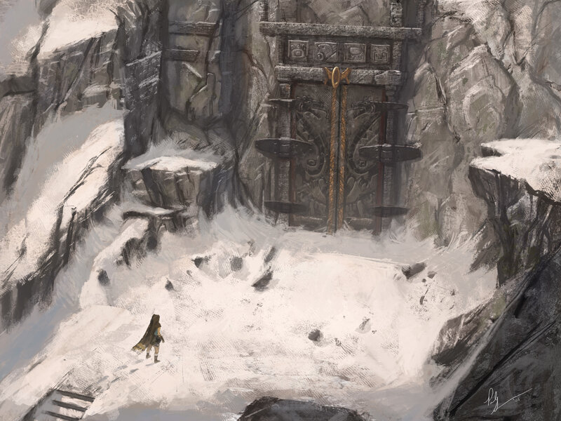 solo traveler at ancient door