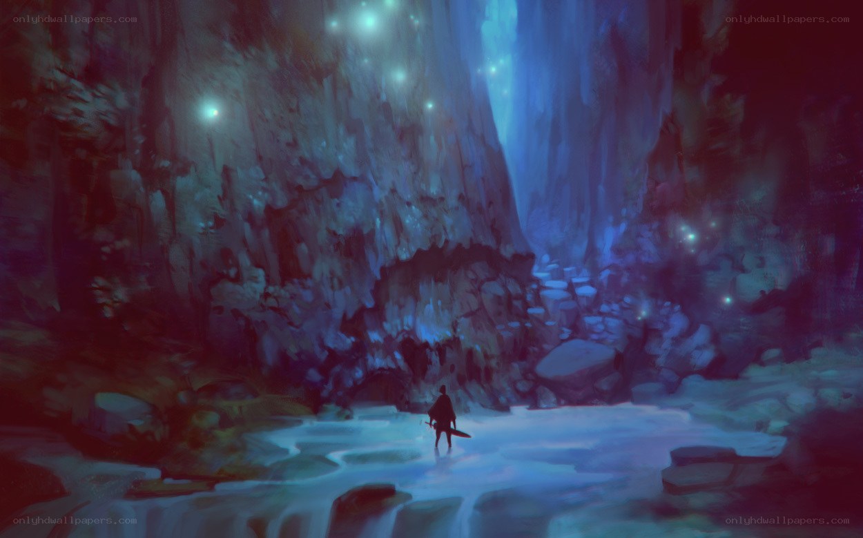 Solo traveler in glowing cave