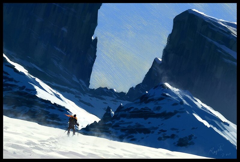 Solo traveler in snowy mountains