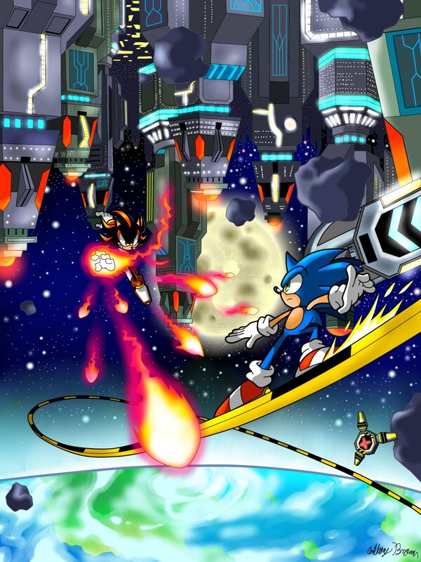 Sonic and Shadow in space battle