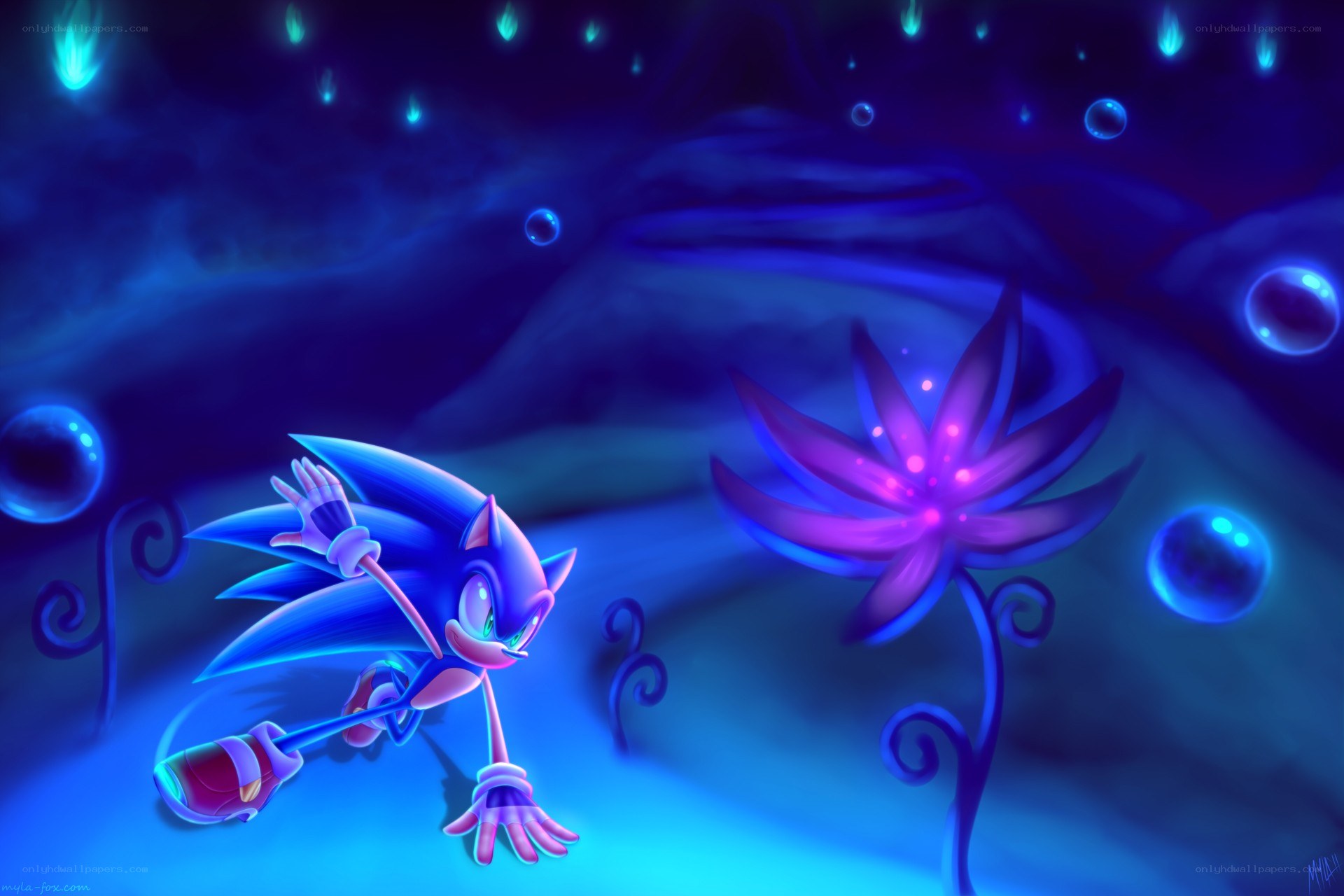Sonic in a glowing underwater scene