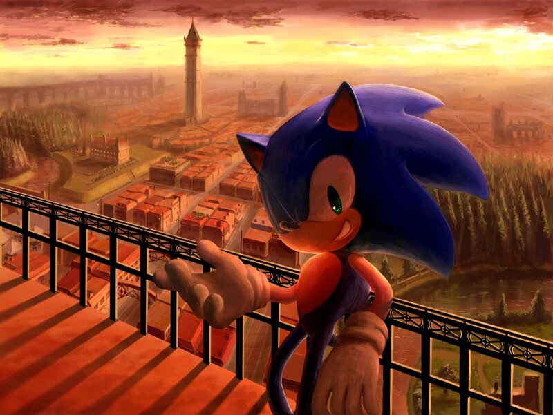 Sonic on a balcony at sunset