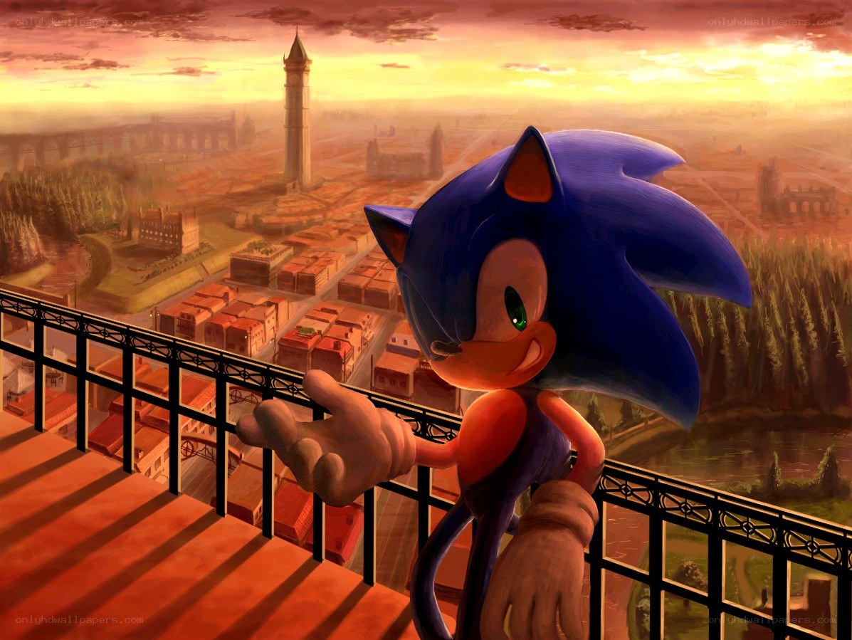 Sonic on a balcony at sunset