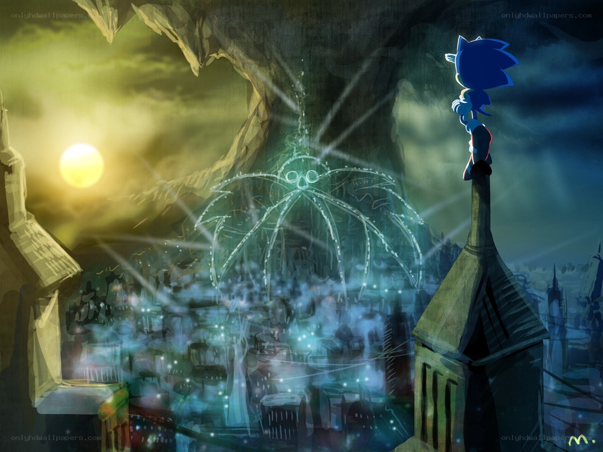 Sonic overlooks a glowing city