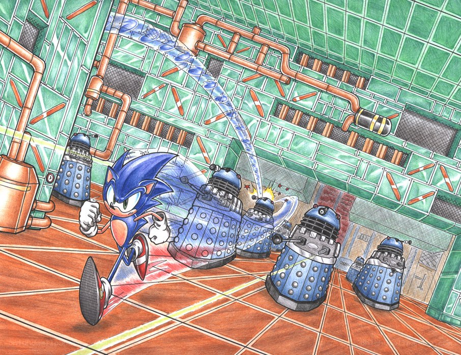Sonic vs Daleks in a factory