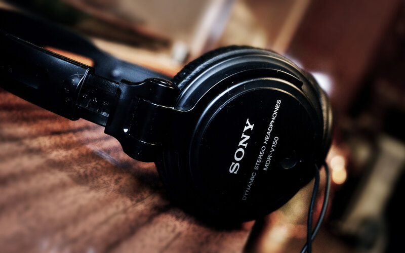 Sony headphones on wood