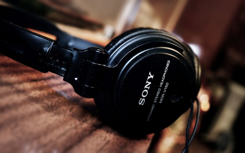 Sony headphones on wooden surface