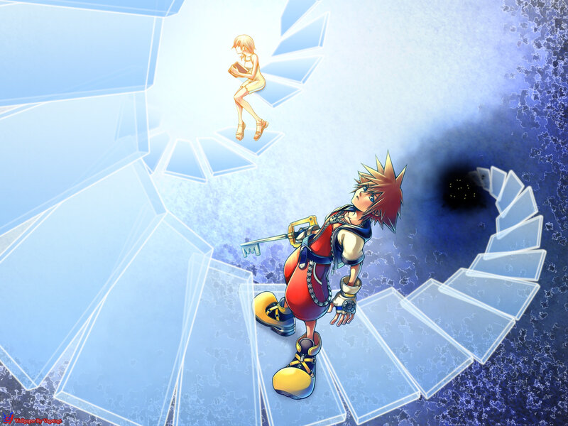 Sora and Kairi on a glass staircase