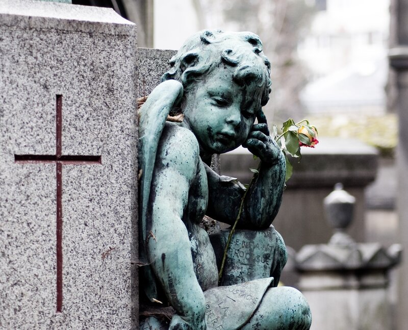 Sorrowful angel statue at cemetery