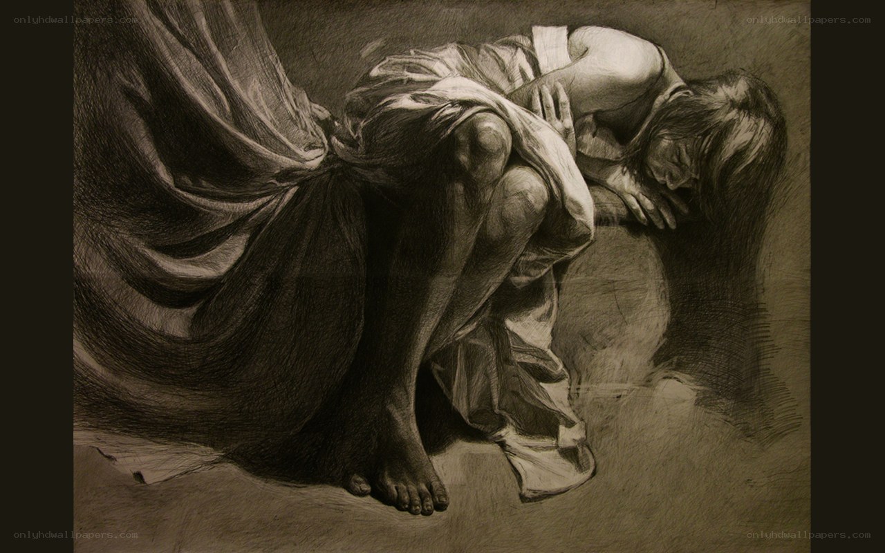 Sorrowful figure in charcoal