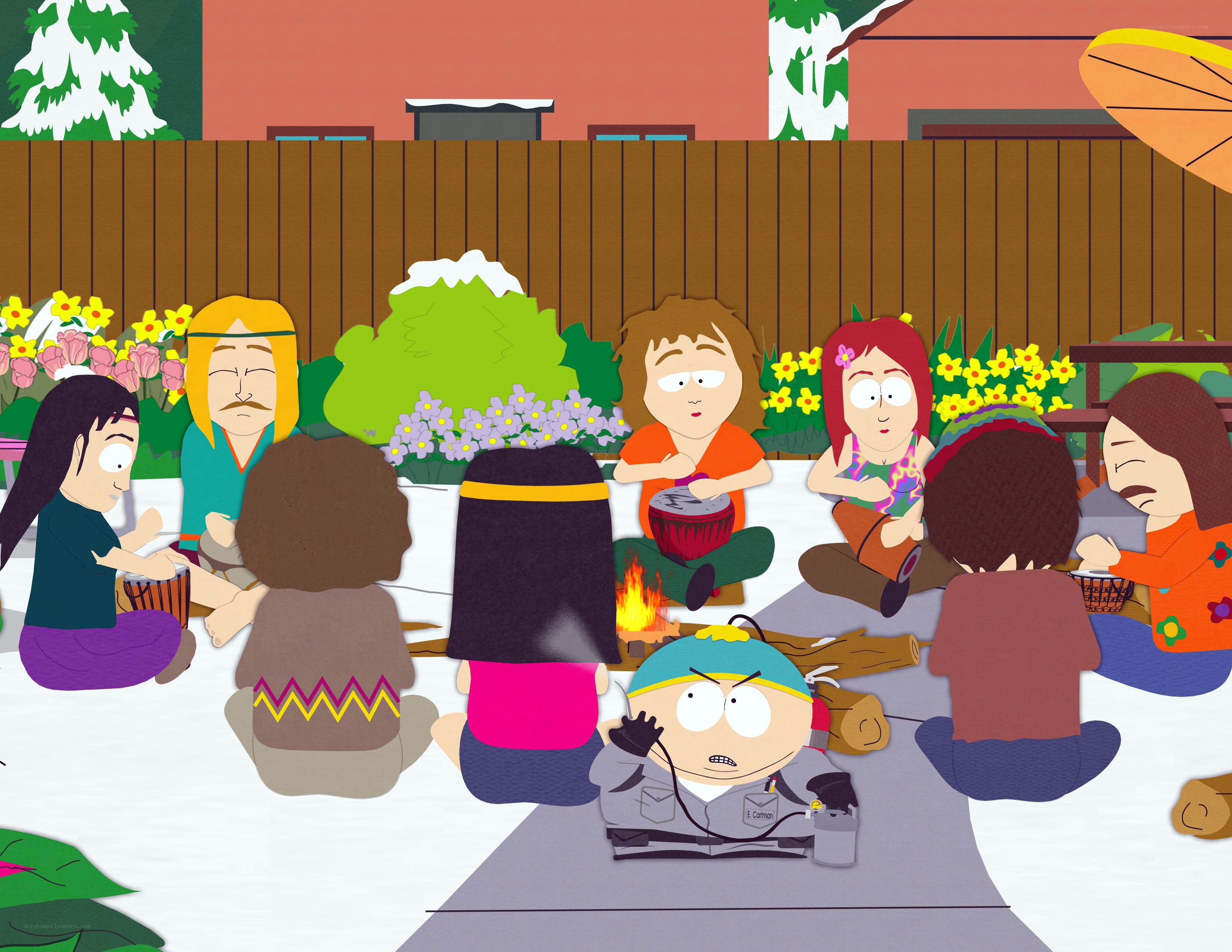 South Park characters at a campfire