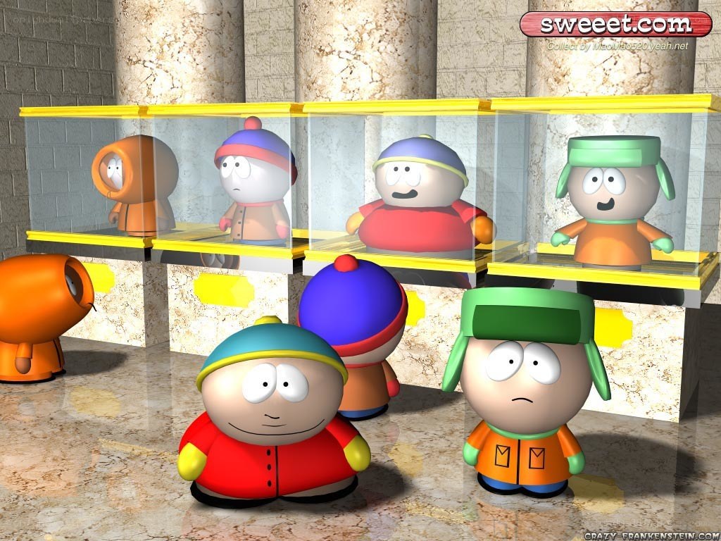 South Park characters in display cases