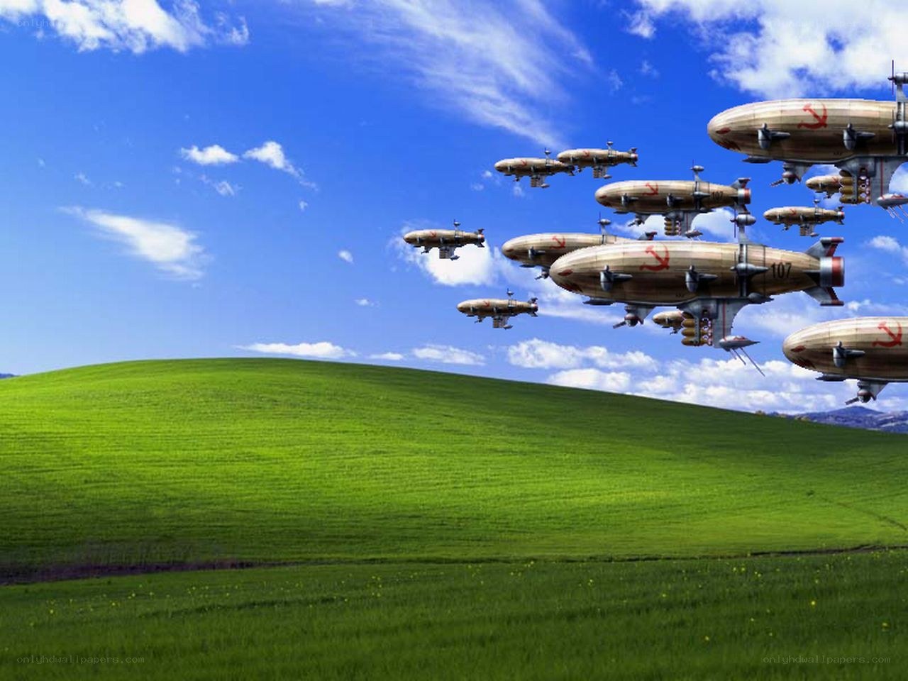 Soviet airships over green hills
