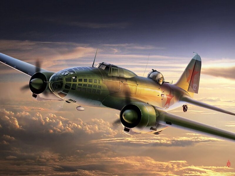 Soviet Bomber Aircraft — Green, Dramatic, Sunset