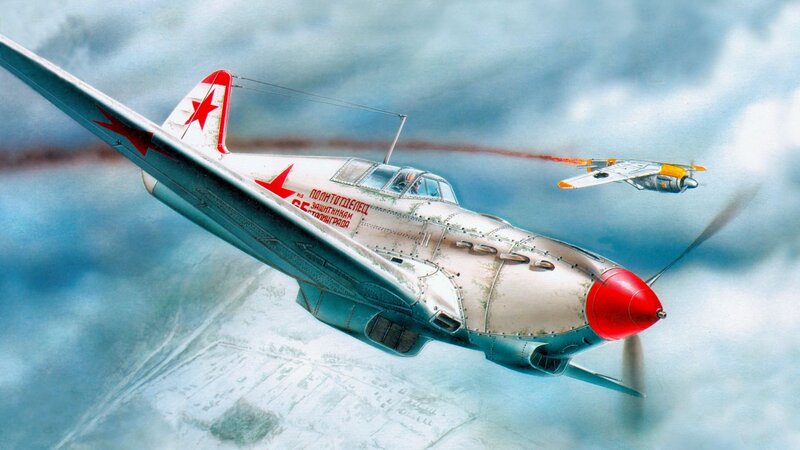 Soviet Fighter Plane — Blue, Dramatic, Illustration, Airplane, Clouds