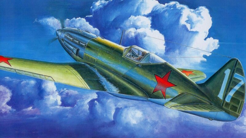 Soviet Fighter Plane — Blue, Dramatic, Illustration, Clouds