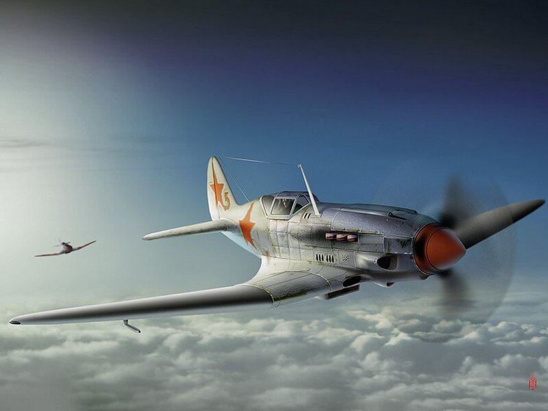 Soviet Fighter Plane — Gray, Dramatic, Afternoon, Digital Art, Airplane, Clouds