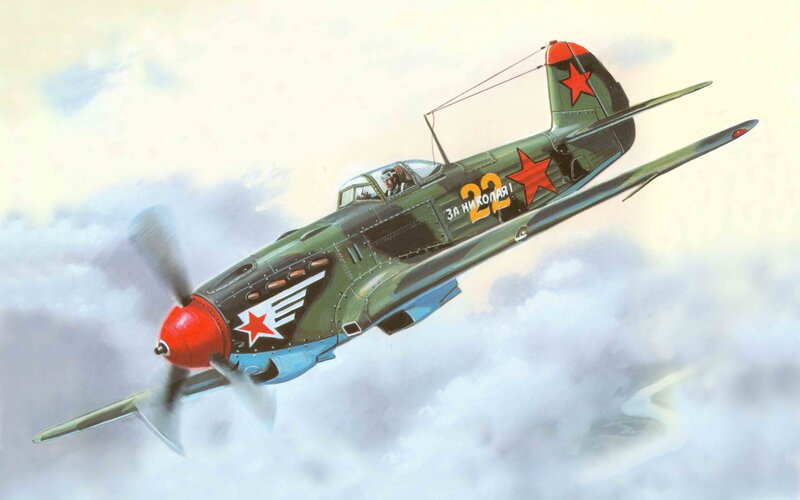 Soviet Fighter Plane — Green, Dramatic, Illustration, Clouds
