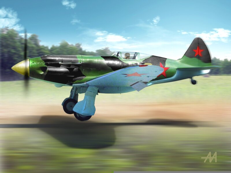 Soviet Fighter Plane — Green, Dynamic, Afternoon, Digital Art