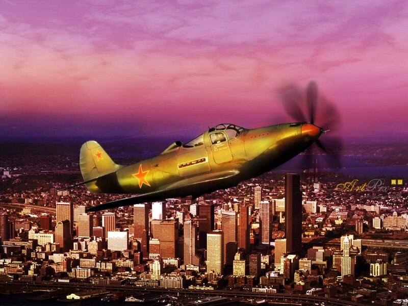 Soviet fighter plane over city