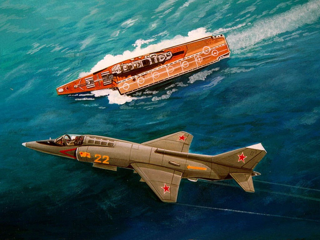 Soviet jet and ship illustration
