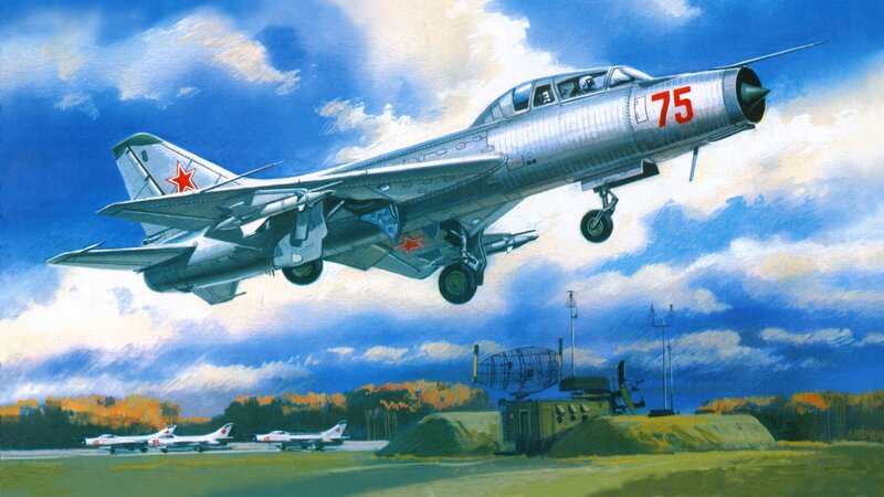 Soviet Jet Fighter — Blue, Dramatic, Autumn, Illustration