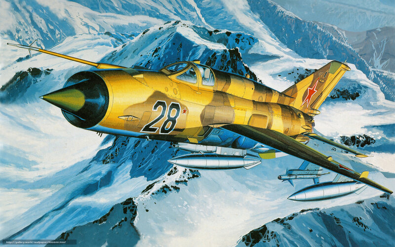 Soviet jet fighter over mountains