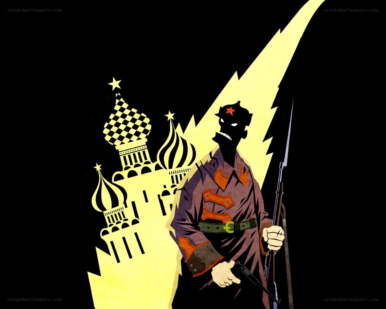 Soviet soldier with Moscow backdrop