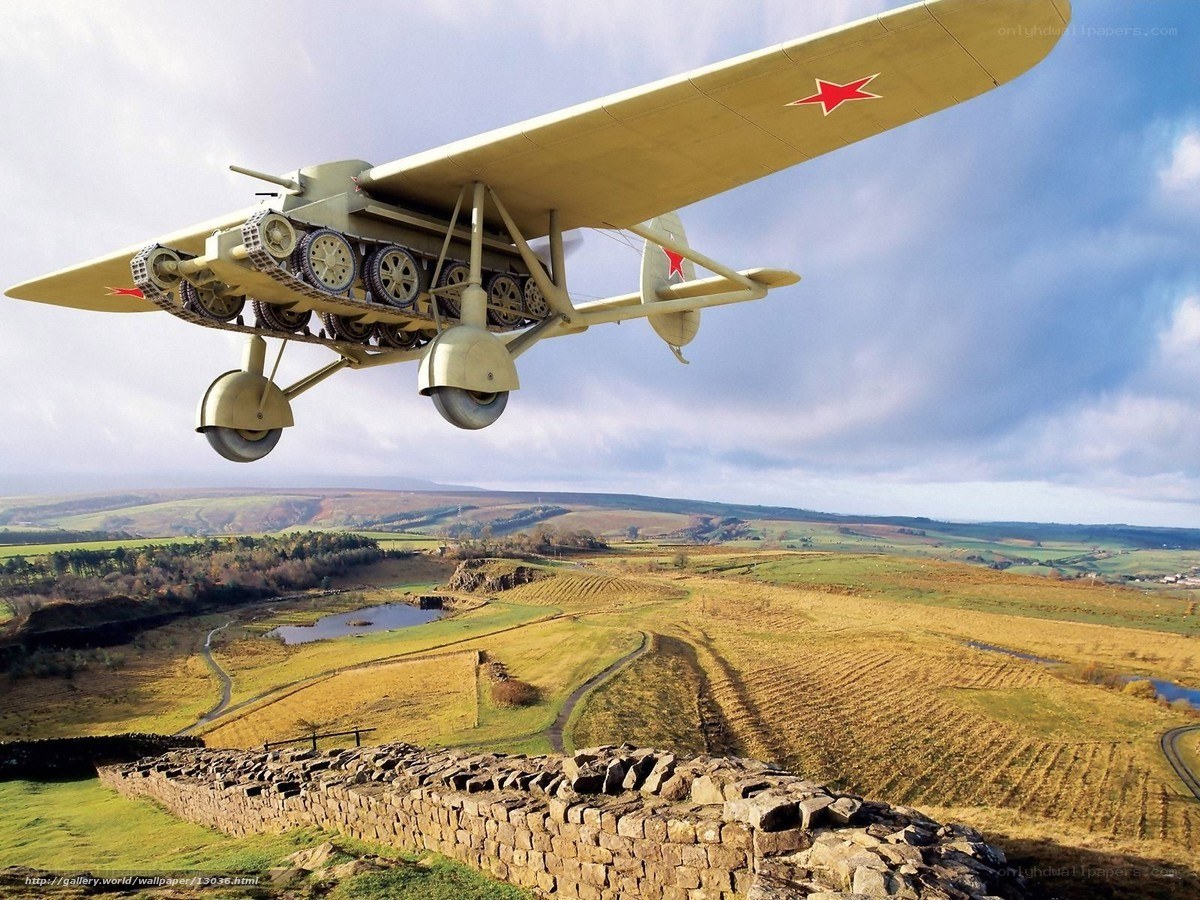 Soviet tank plane flying over countryside