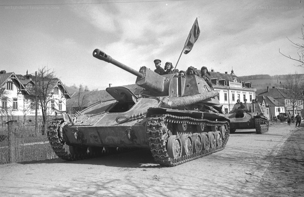 Soviet tanks in a town