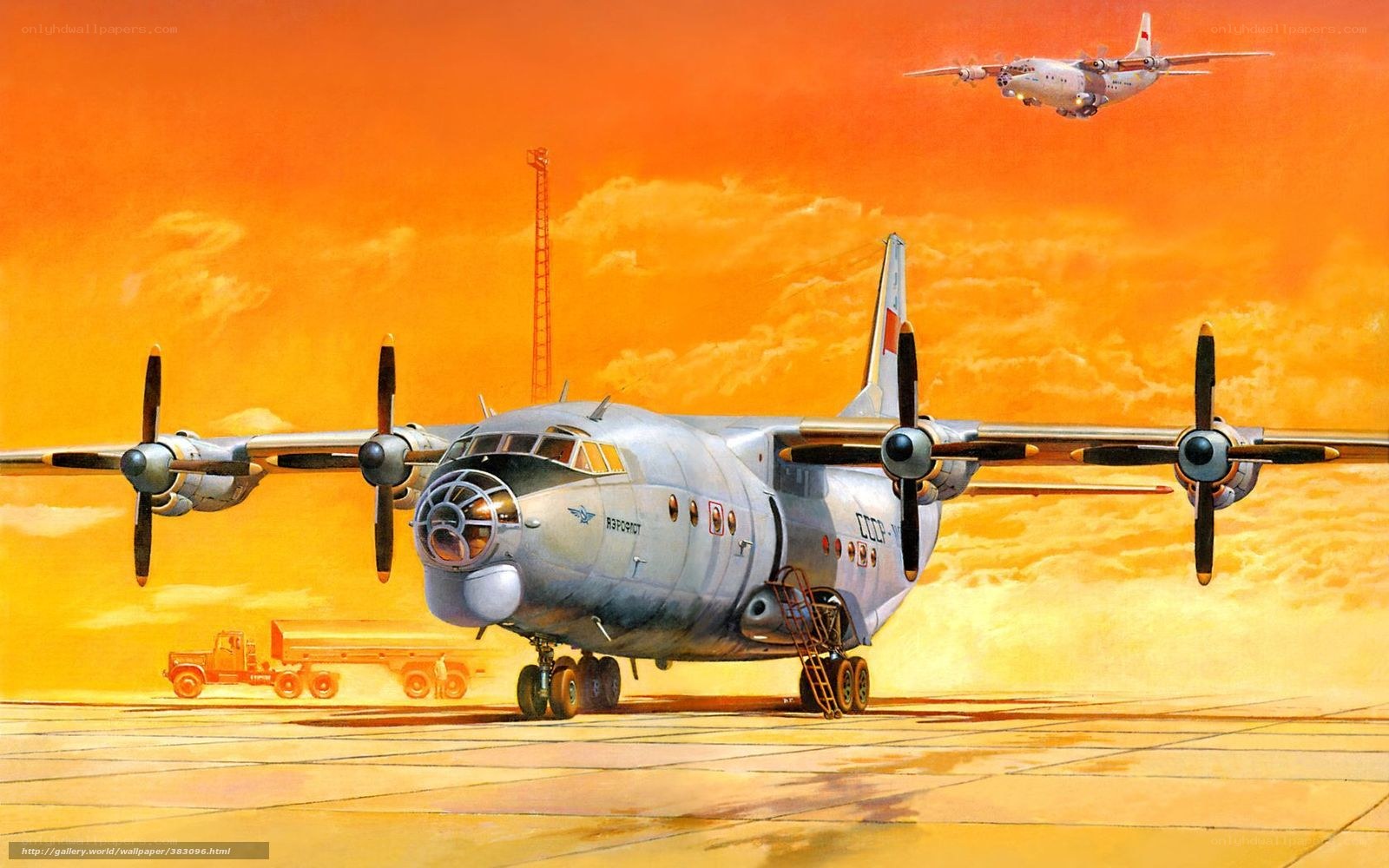 Soviet transport aircraft at sunset