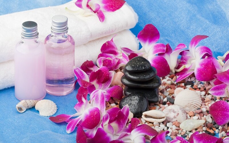 Spa arrangement with flowers and stones