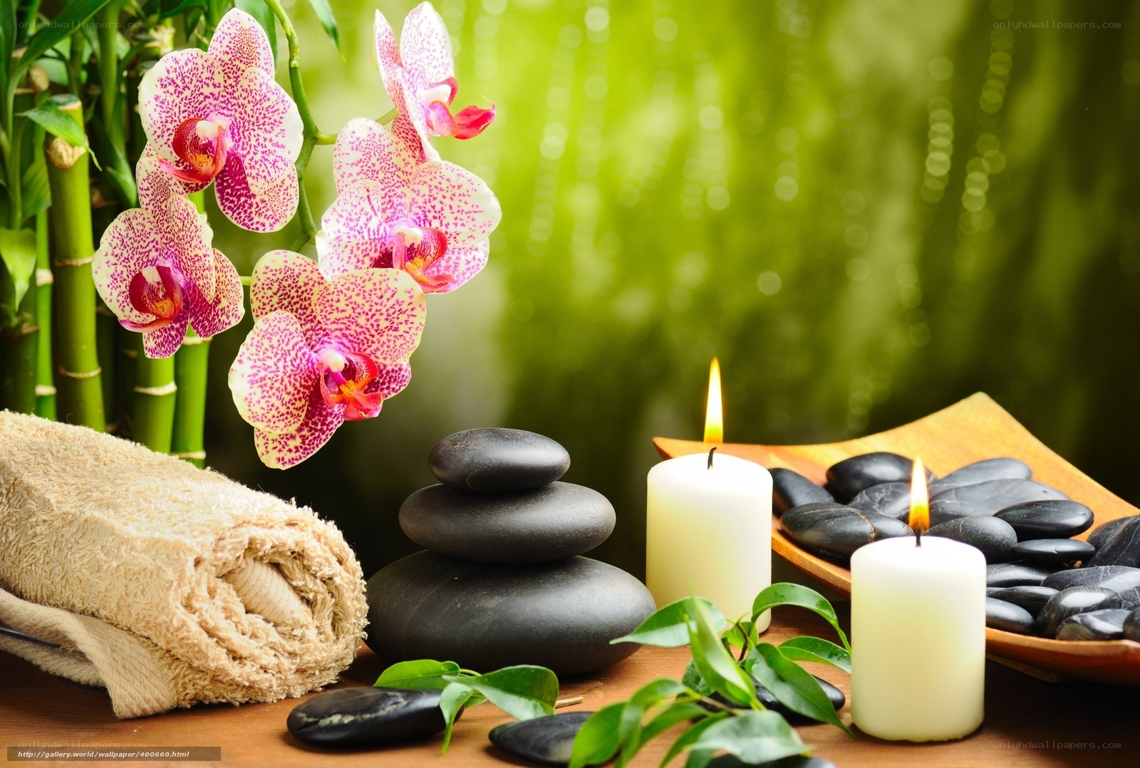 Spa arrangement with orchids and candles