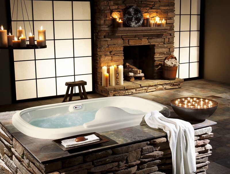 Spa bathroom with fireplace