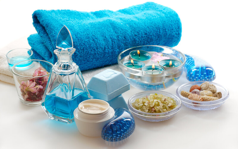 Spa Items on White Surface — Blue