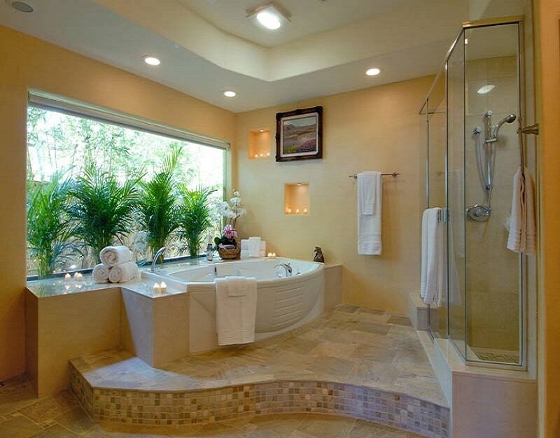 Spa-like bathroom with garden view