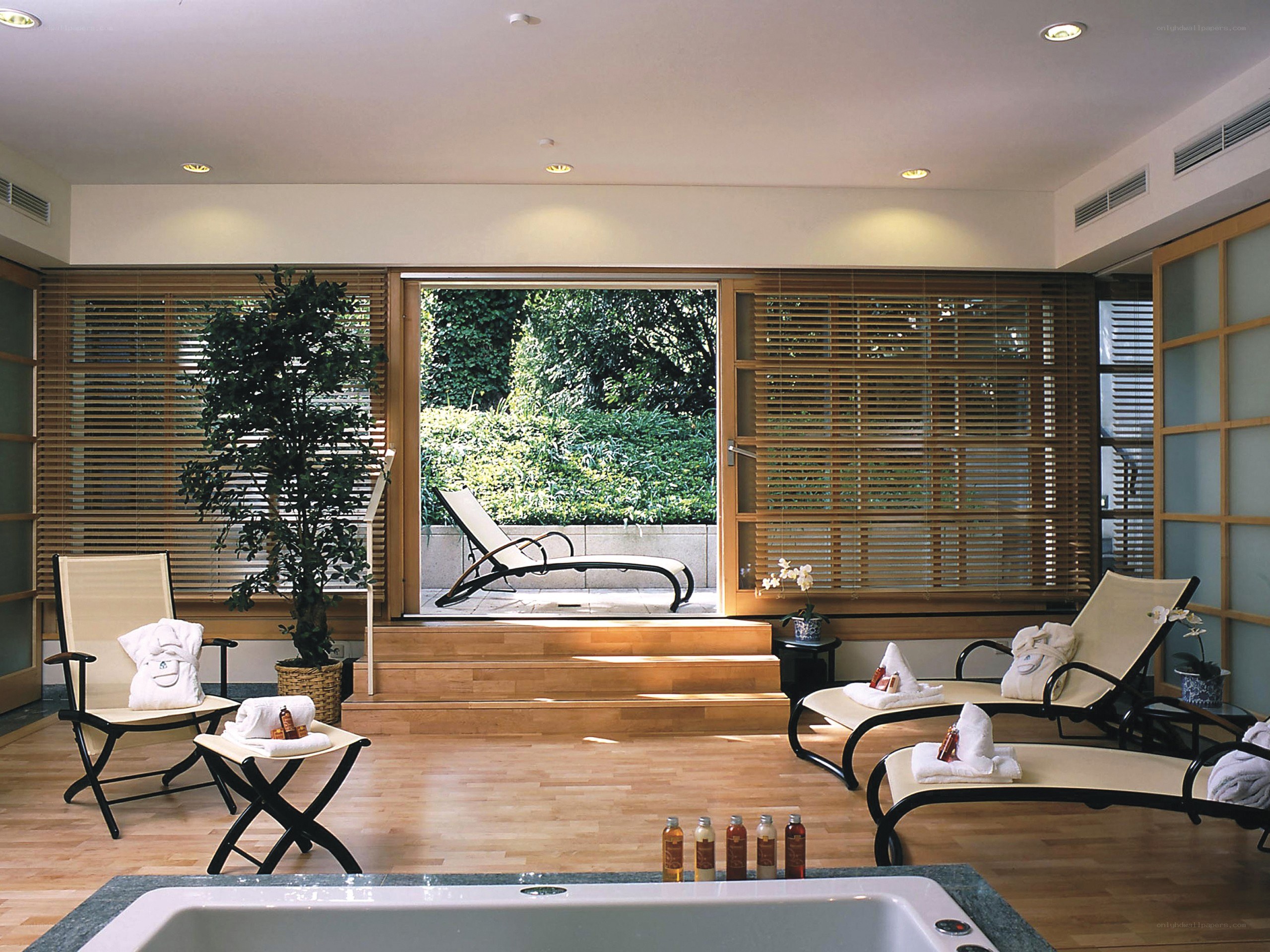 Spa lounge with outdoor view