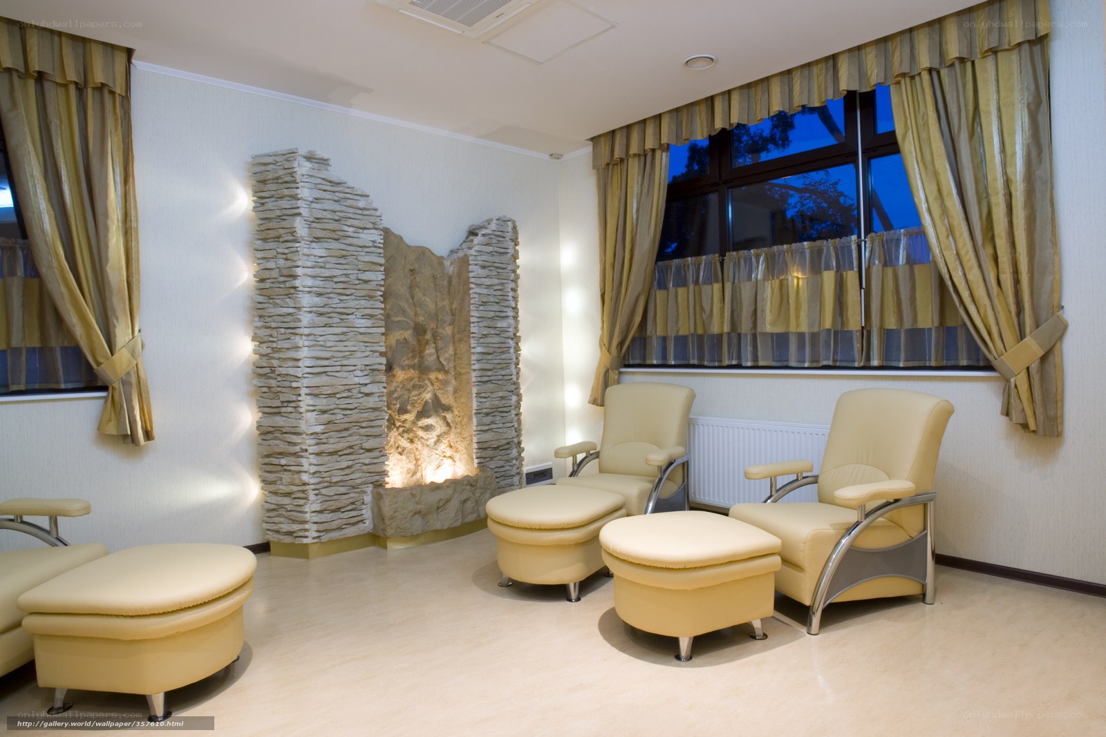 Spa lounge with stone fireplace
