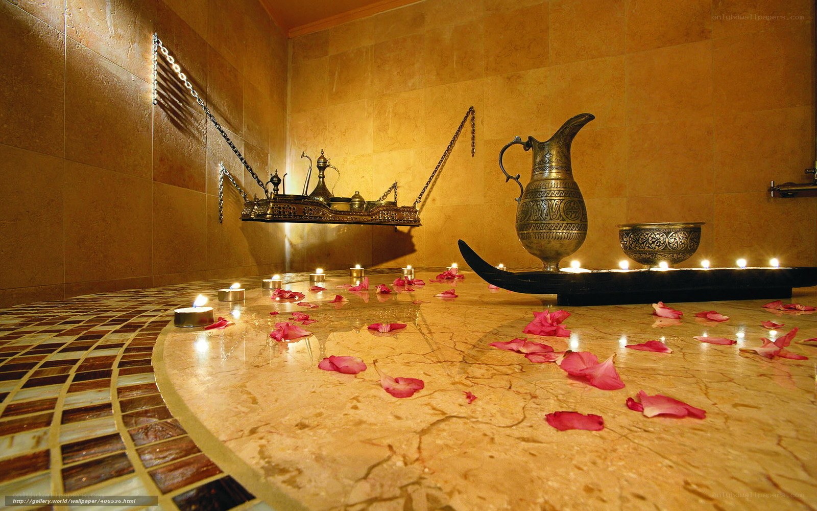 Spa with rose petals and candles