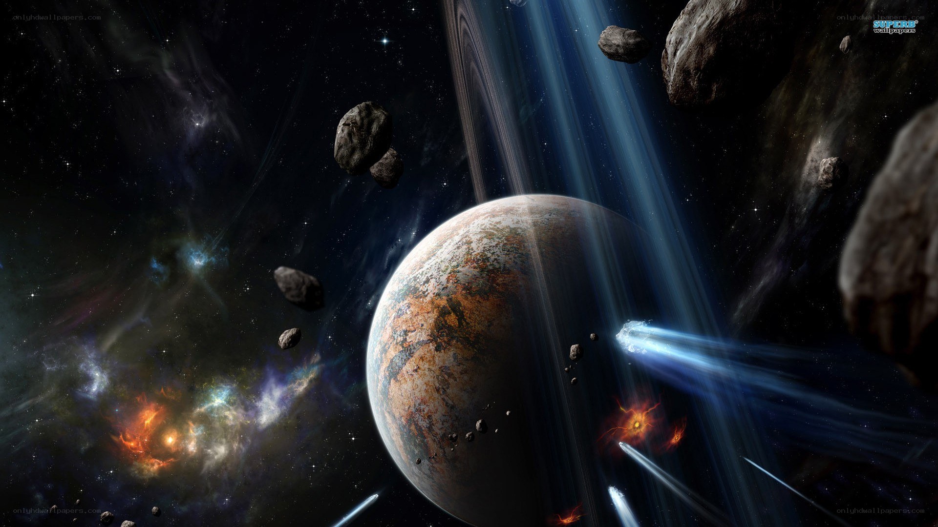 Space asteroid field with planet