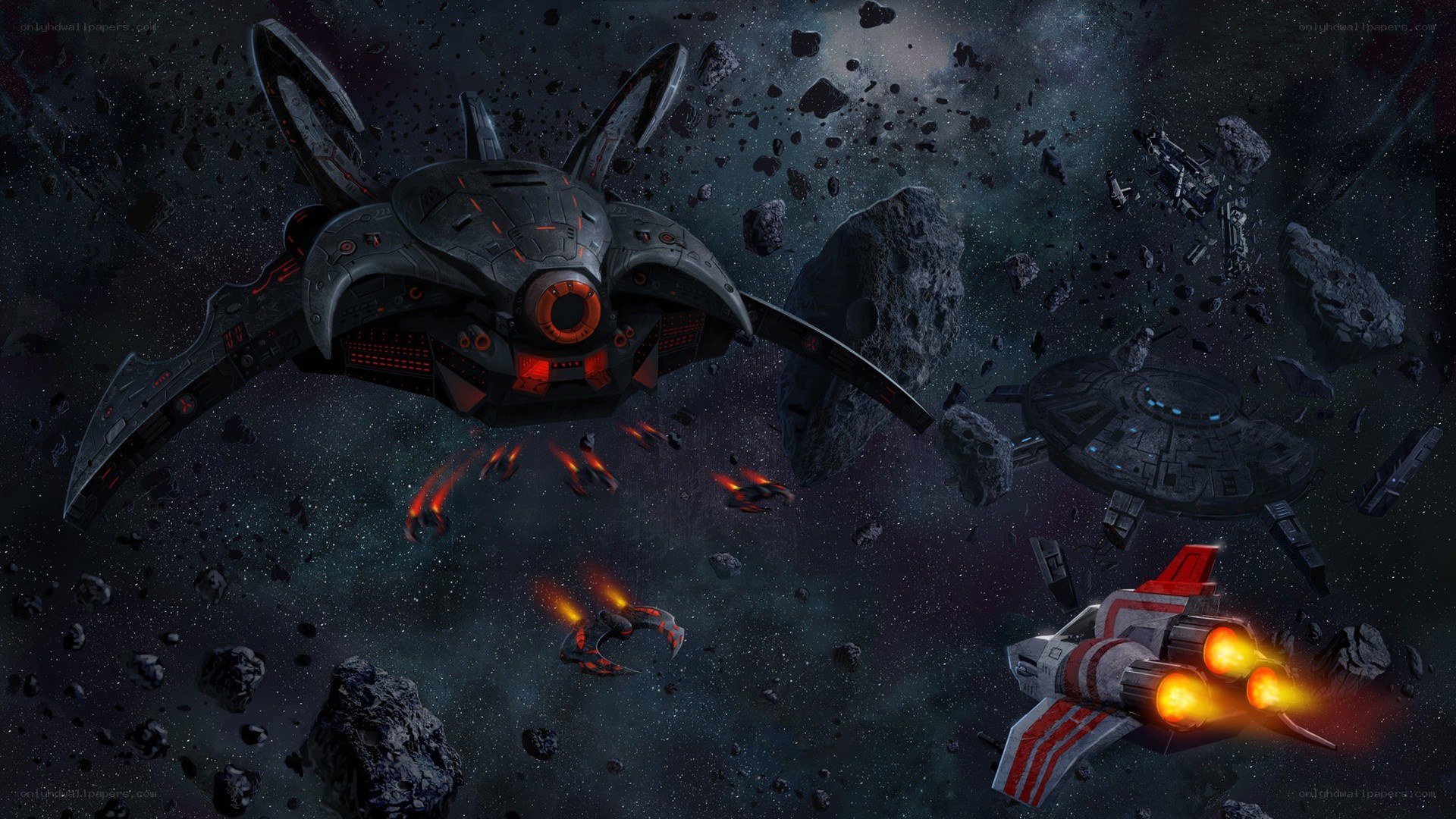 Space battle in asteroid field
