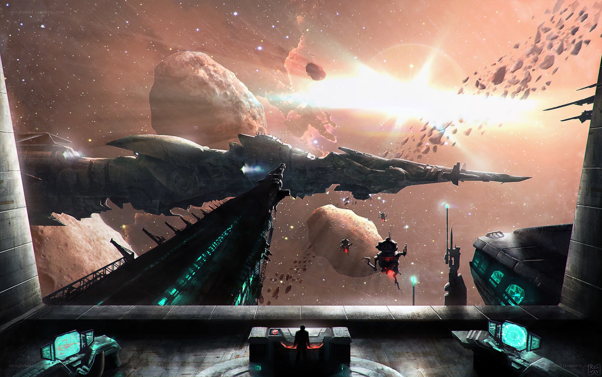 Space battle in asteroid field