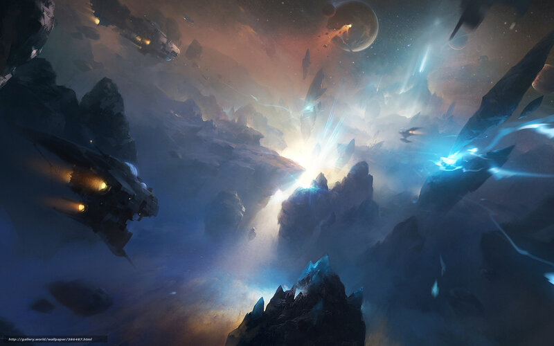 Space battle in asteroid field