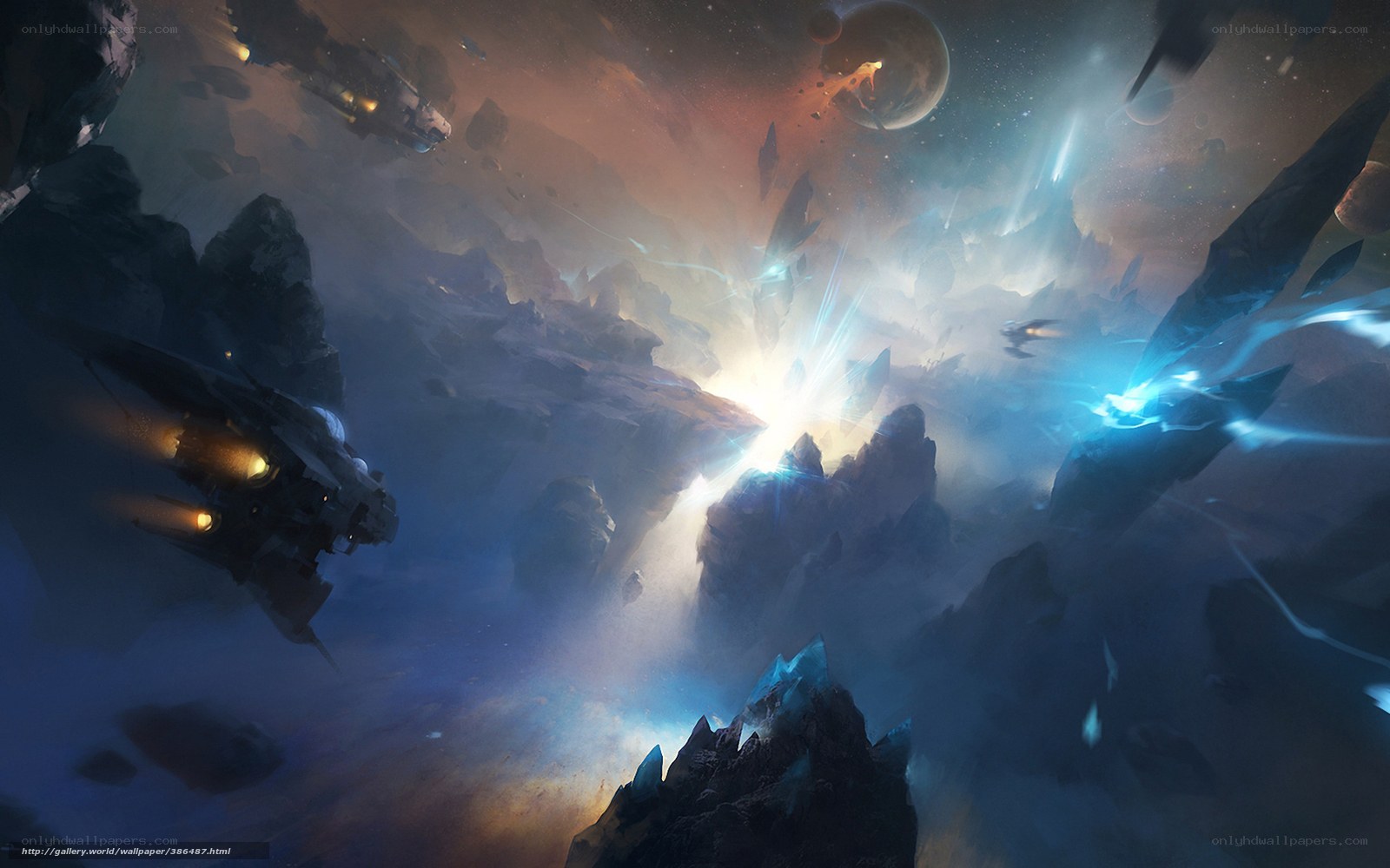 Space battle in asteroid field