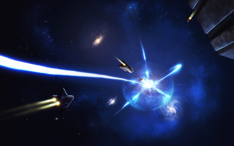 Space battle near a blue planet