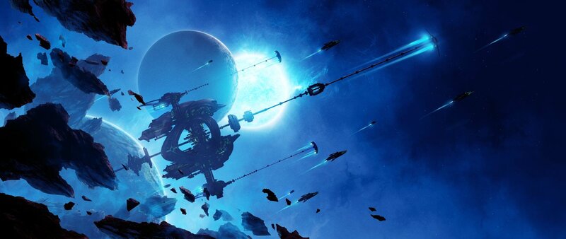 Space battle near asteroids