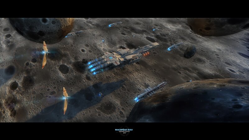 Space battle near asteroids